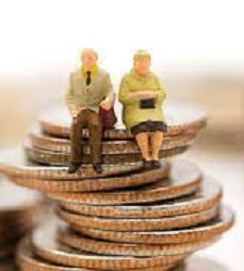 A man and woman illustration sitting on the stack of coins